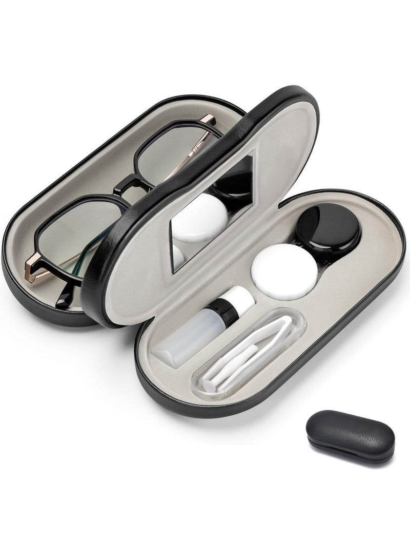 يوجي 2 في 1 حالة النظارات ، عدسة الاتصال والنظارات حالة النظارات المحمولة مزدوجة الجانبين مع إزالة المرآة المضغوطة المدمجة وحل عدسة الاتصال مجموعة تخزين زجاجات للسفر في الهواء الطلق يوميا لنا (أسود) - Image 1